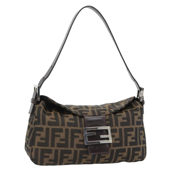 FENDI Zucca Canvas Mamma Baguette Shoulder Bag Black Brown Auth 178877SAM