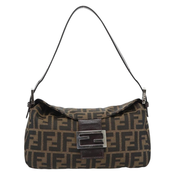 FENDI Zucca Canvas Mamma Baguette Shoulder Bag Black Brown Auth 178877SAM