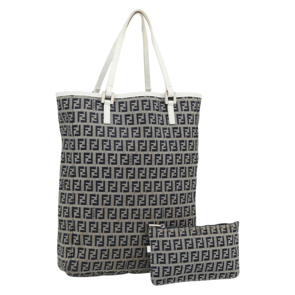 FENDI Zucchino Canvas Hand Bag Navy Silver Auth 178879
