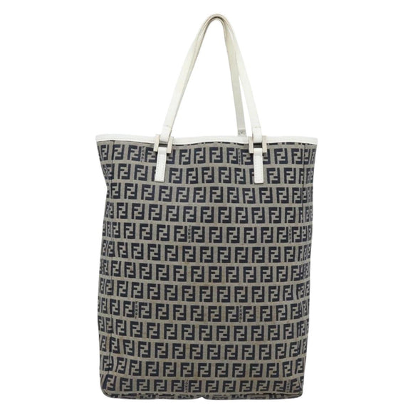FENDI Zucchino Canvas Hand Bag Navy Silver Auth 178879