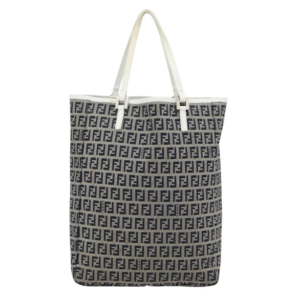 FENDI Zucchino Canvas Hand Bag Navy Silver Auth 178879