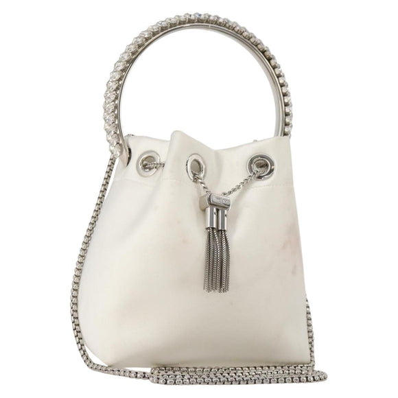 Jimmy Choo Bonbon Chain Shoulder Bag Satin 2way White Silver Auth 178886