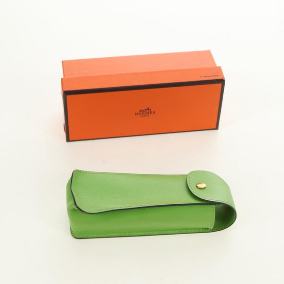 HERMES Stifteetui Leder Grün Gold Auth 178895M