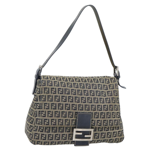 FENDI Zucchino Canvas Mamma Baguette Shoulder Bag Black Brown Auth 178902