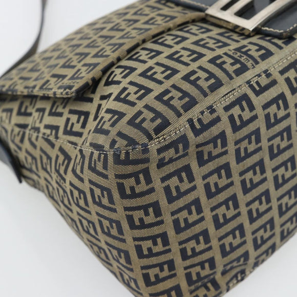 FENDI Zucchino Canvas Mamma Baguette Shoulder Bag Black Brown Auth 178902