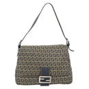 FENDI Zucchino Canvas Mamma Baguette Shoulder Bag Black Brown Auth 178902-13
