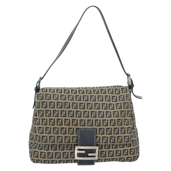 FENDI Zucchino Canvas Mamma Baguette Shoulder Bag Black Brown Auth 178902