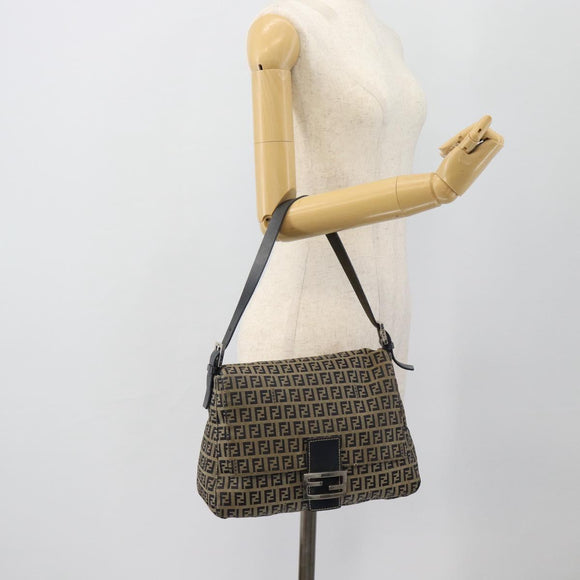 FENDI Zucchino Canvas Mamma Baguette Shoulder Bag Black Brown Auth 178902