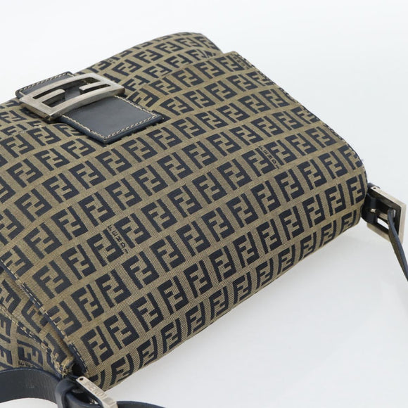 FENDI Zucchino Canvas Mamma Baguette Shoulder Bag Black Brown Auth 178902