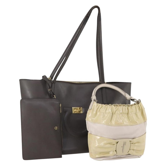 Salvatore Ferragamo Tote Bag Leather 2 Set Dark Brown Ivory Auth 178918