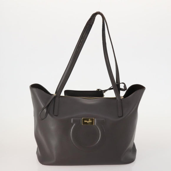 Salvatore Ferragamo Tote Bag Leather 2 Set Dark Brown Ivory Auth 178918