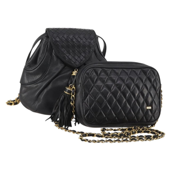 BALLY Chain Shoulder Bag Leather 2 Set Black Auth 178919