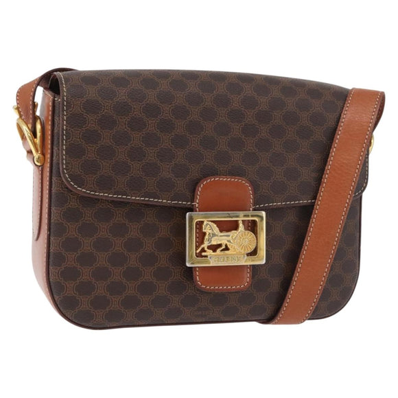 CELINE Macadam Canvas Shoulder Bag PVC Leather Brown Gold Auth 178931A