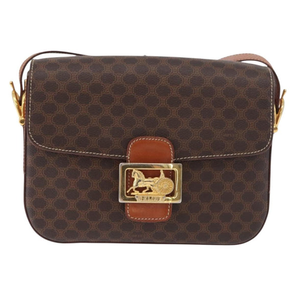 CELINE Macadam Canvas Shoulder Bag PVC Leather Brown Gold Auth 178931A