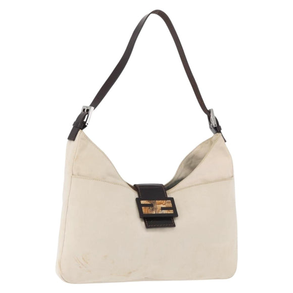 FENDI Mamma Baguette Shoulder Bag Canvas White Silver Auth 178935