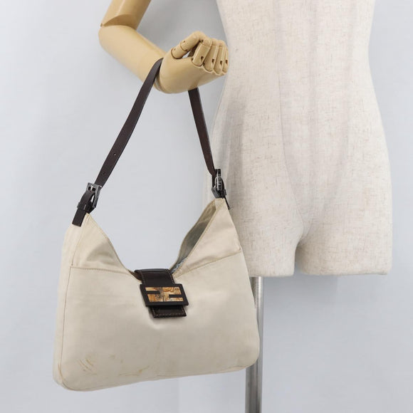 FENDI Mamma Baguette Shoulder Bag Canvas White Silver Auth 178935