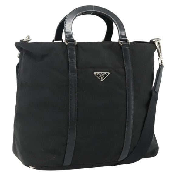 PRADA Hand Bag Nylon 2way Black Silver Auth 178940