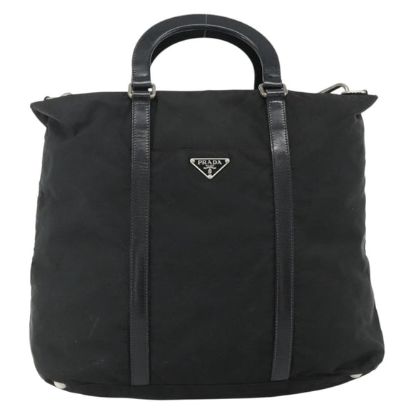 PRADA Hand Bag Nylon 2way Black Silver Auth 178940