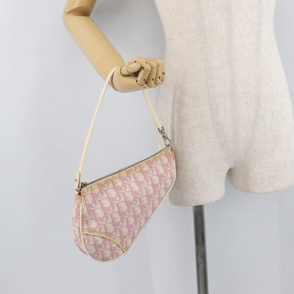 Christian Dior Trotter Canvas Saddle Pouch PVC Pink Silver Auth 178955