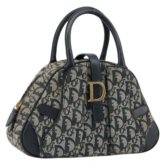 Christian Dior Trotter Canvas Double Saddle Boston Bag Navy Gold Auth 178964A