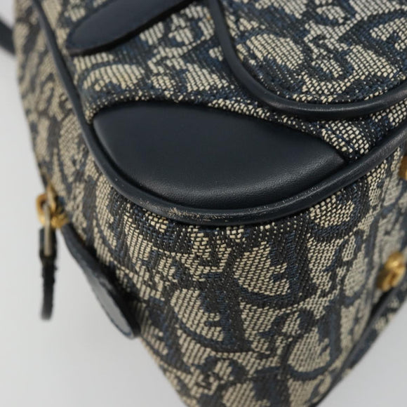 Christian Dior Trotter Canvas Double Saddle Boston Bag Navy Gold Auth 178964A