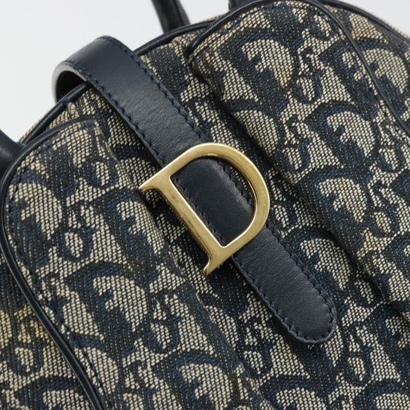 Christian Dior Trotter Canvas Double Saddle Boston Bag Navy Gold Auth 178964A