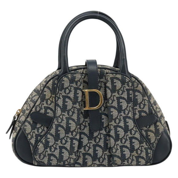 Christian Dior Trotter Canvas Double Saddle Boston Bag Navy Gold Auth 178964A