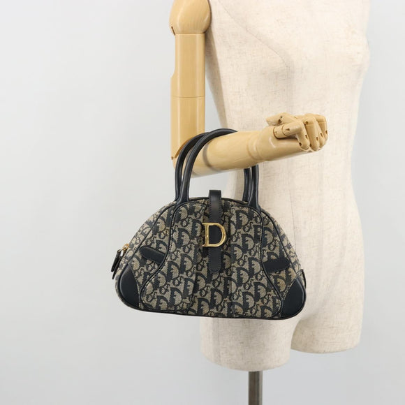 Christian Dior Trotter Canvas Double Saddle Boston Bag Navy Gold Auth 178964A