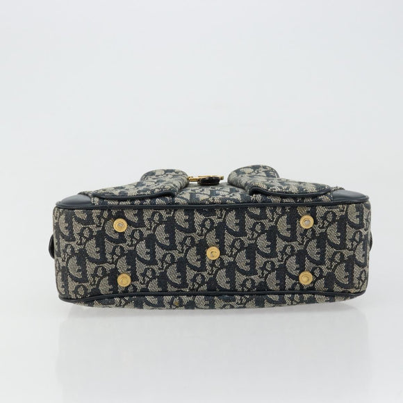 Christian Dior Trotter Canvas Double Saddle Boston Bag Navy Gold Auth 178964A