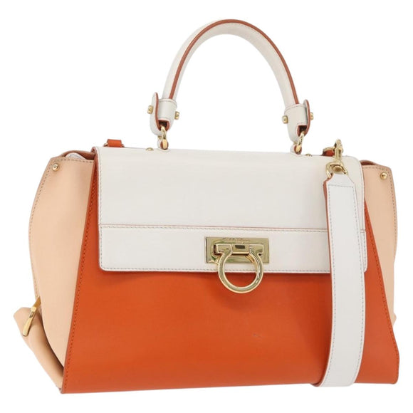 Salvatore Ferragamo Gancini Sofia Hand Bag Leather 2way Orange Gold Auth 178971A
