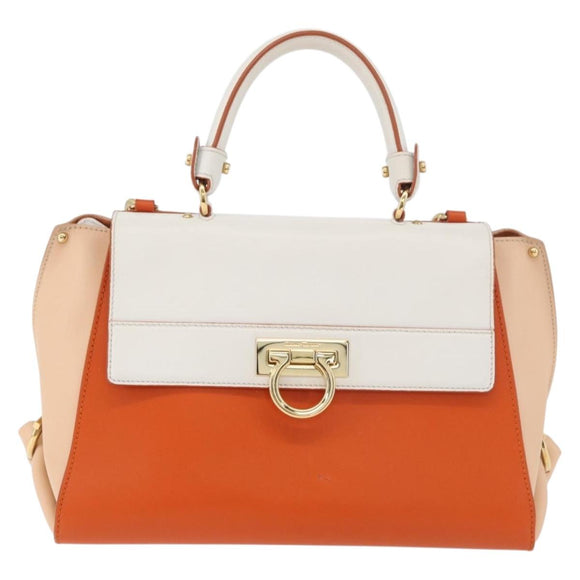 Salvatore Ferragamo Gancini Sofia Hand Bag Leather 2way Orange Gold Auth 178971A