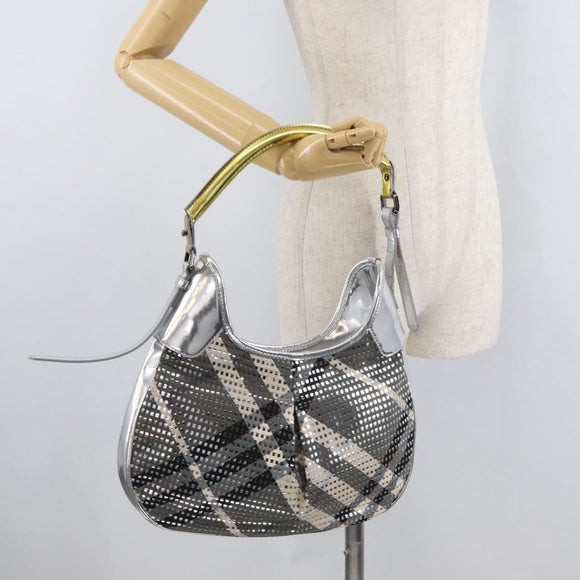 BURBERRY Nova Check Shoulder Bag Leather Silver Auth 179014
