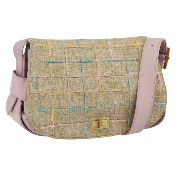 CHANEL 2.55 Shoulder Bag Tweed Pink Gold CC Auth 179020SAV