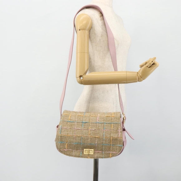CHANEL 2.55 Shoulder Bag Tweed Pink Gold CC Auth 179020SAV