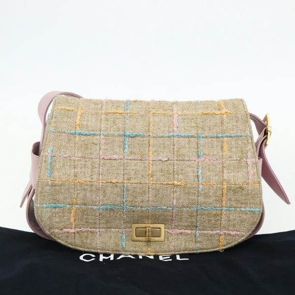 CHANEL 2.55 Shoulder Bag Tweed Pink Gold CC Auth 179020SAV