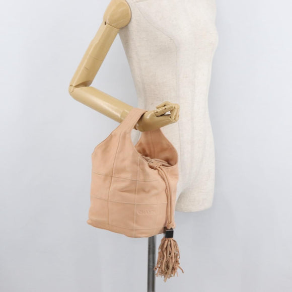CHANEL Choco Bar Hand Bag Leather Beige CC Auth 179026A