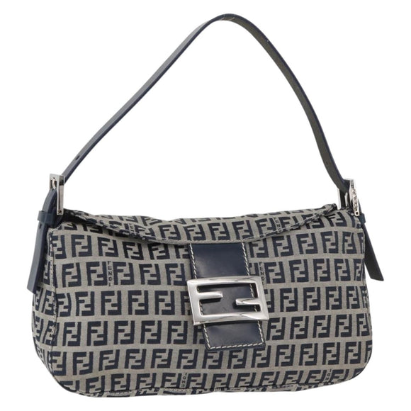 FENDI Zucchino Canvas Mamma Baguette Shoulder Bag Navy Silver Auth 179028SAV