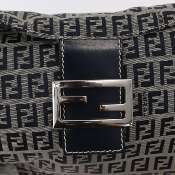 FENDI Zucchino Canvas Mamma Baguette Shoulder Bag Navy Silver Auth 179028SAV