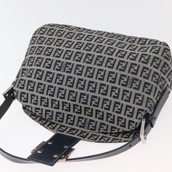 FENDI Zucchino Canvas Mamma Baguette Shoulder Bag Navy Silver Auth 179028SAV