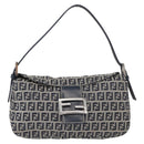 FENDI Zucchino Canvas Mamma Baguette Shoulder Bag Navy Silver Auth 179028SAV-2