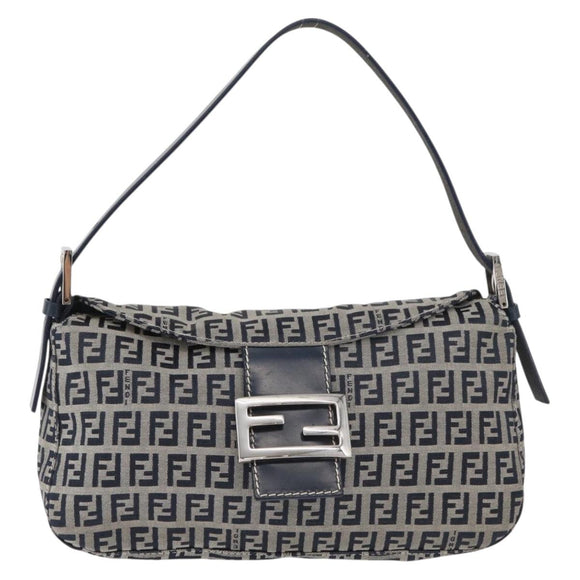 FENDI Zucchino Canvas Mamma Baguette Shoulder Bag Navy Silver Auth 179028SAV