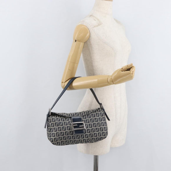 FENDI Zucchino Canvas Mamma Baguette Shoulder Bag Navy Silver Auth 179028SAV