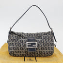 FENDI Zucchino Canvas Mamma Baguette Shoulder Bag Navy Silver Auth 179028SAV-26