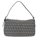 FENDI Zucchino Canvas Mamma Baguette Shoulder Bag Navy Silver Auth 179028SAV-3