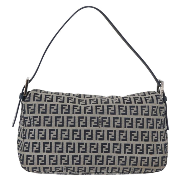 FENDI Zucchino Canvas Mamma Baguette Shoulder Bag Navy Silver Auth 179028SAV