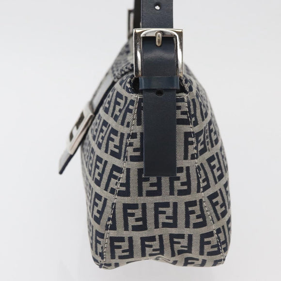FENDI Zucchino Canvas Mamma Baguette Shoulder Bag Navy Silver Auth 179028SAV