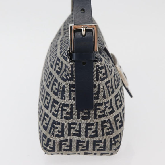 FENDI Zucchino Canvas Mamma Baguette Shoulder Bag Navy Silver Auth 179028SAV