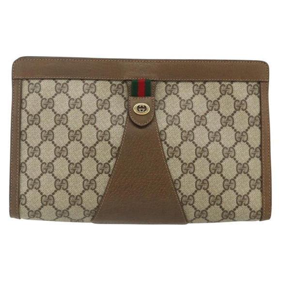 GUCCI GG Supreme Web Sherry Line Clutch Bag PVC Beige Gold 89 01 033 Auth 179040