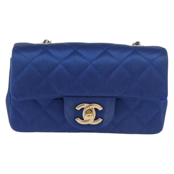 CHANEL Chain Mini Matelasse 17 Shoulder Bag Satin Blue Gold CC Auth 179045