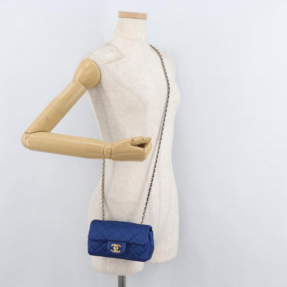 CHANEL Chain Mini Matelasse 17 Shoulder Bag Satin Blue Gold CC Auth 179045